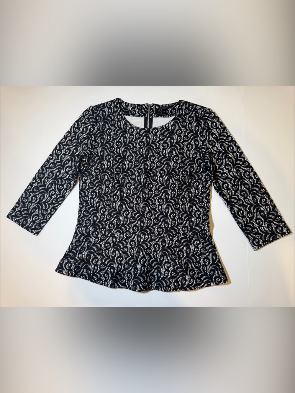 J. Crew Black and White lace Peplum Long Sleeve Top office 3/4 sleeve EUC